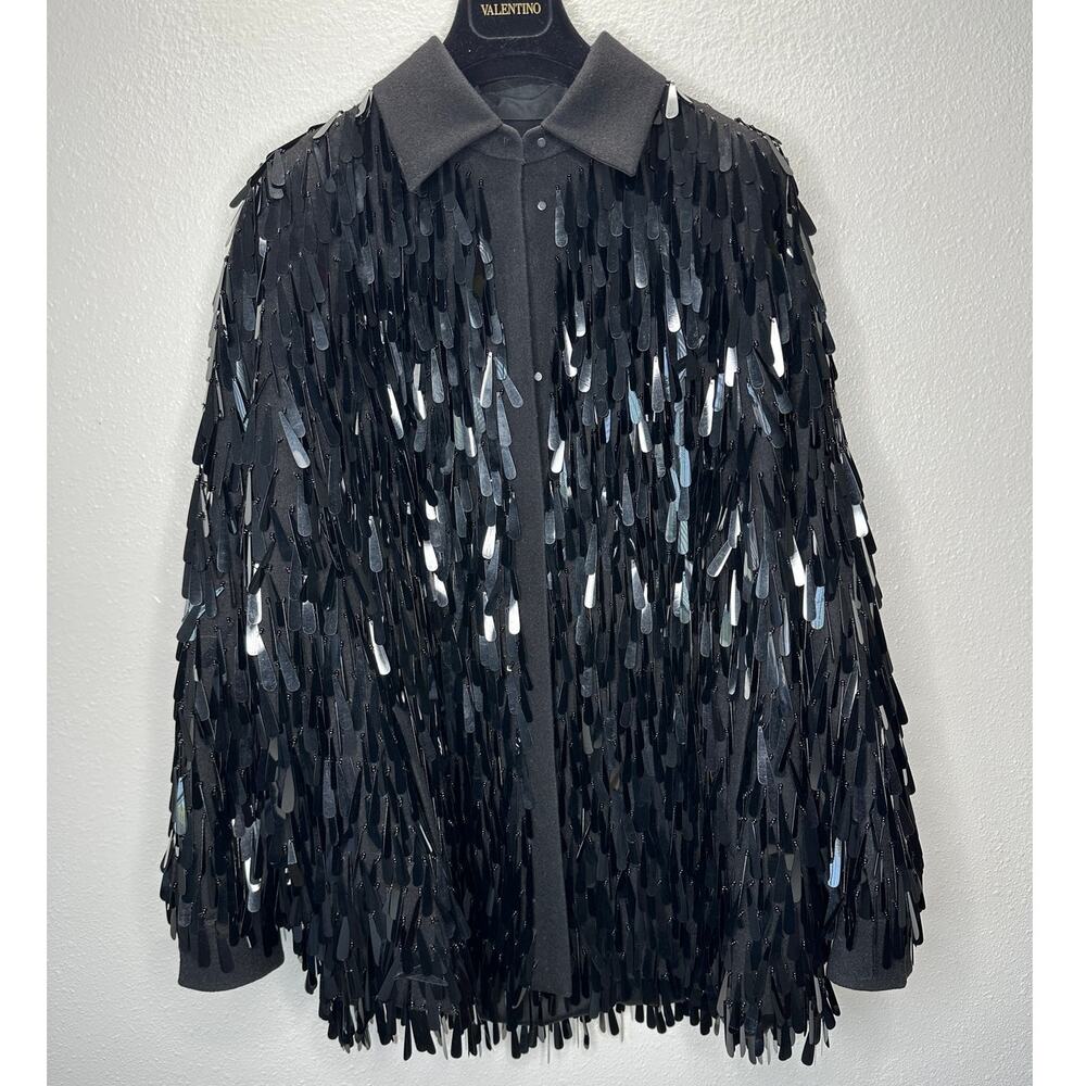 Valentino Garavani Black Sequin Fringe Shirt Jacket Medium - Picture 8 of 13